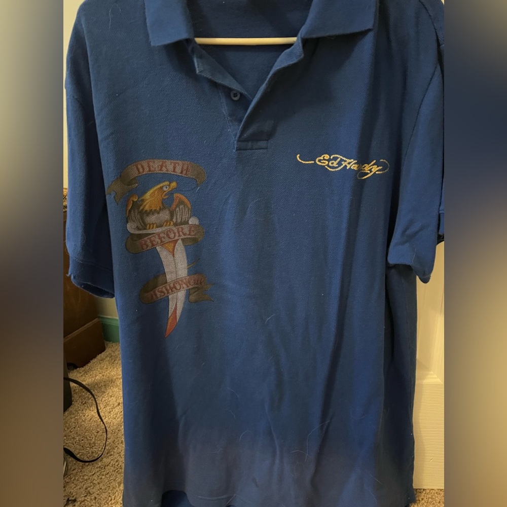 Ed Hardy Navy Blue Polo with Embroidered Logo and Eagle Graphic